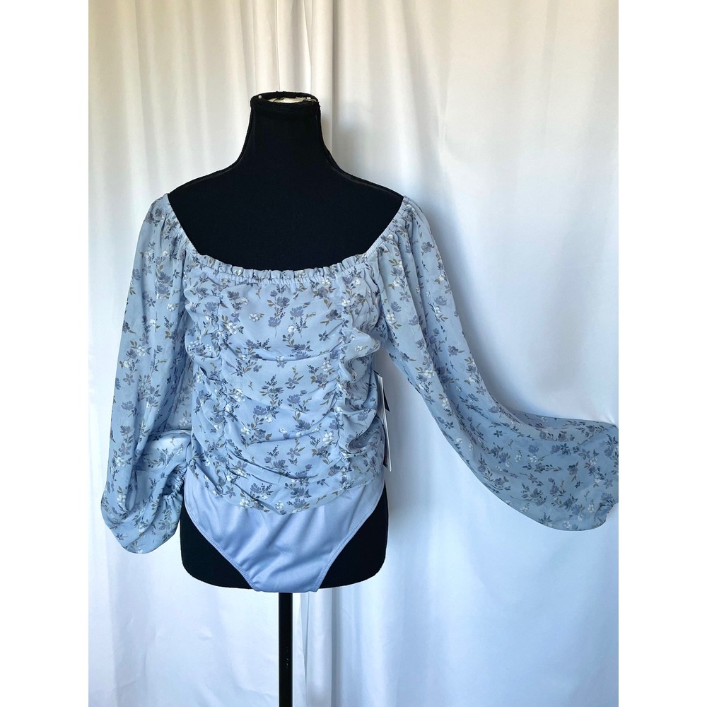 NEW Blue Floral Bodysuit Size L Long Sheer Puff Sleeve Ruched Smocked Coquette